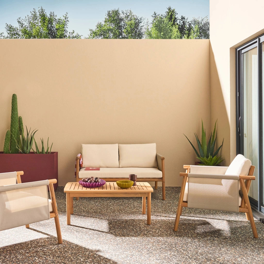 Salotto da giardino in legno di acacia e tessuto beige, 4 posti, beige