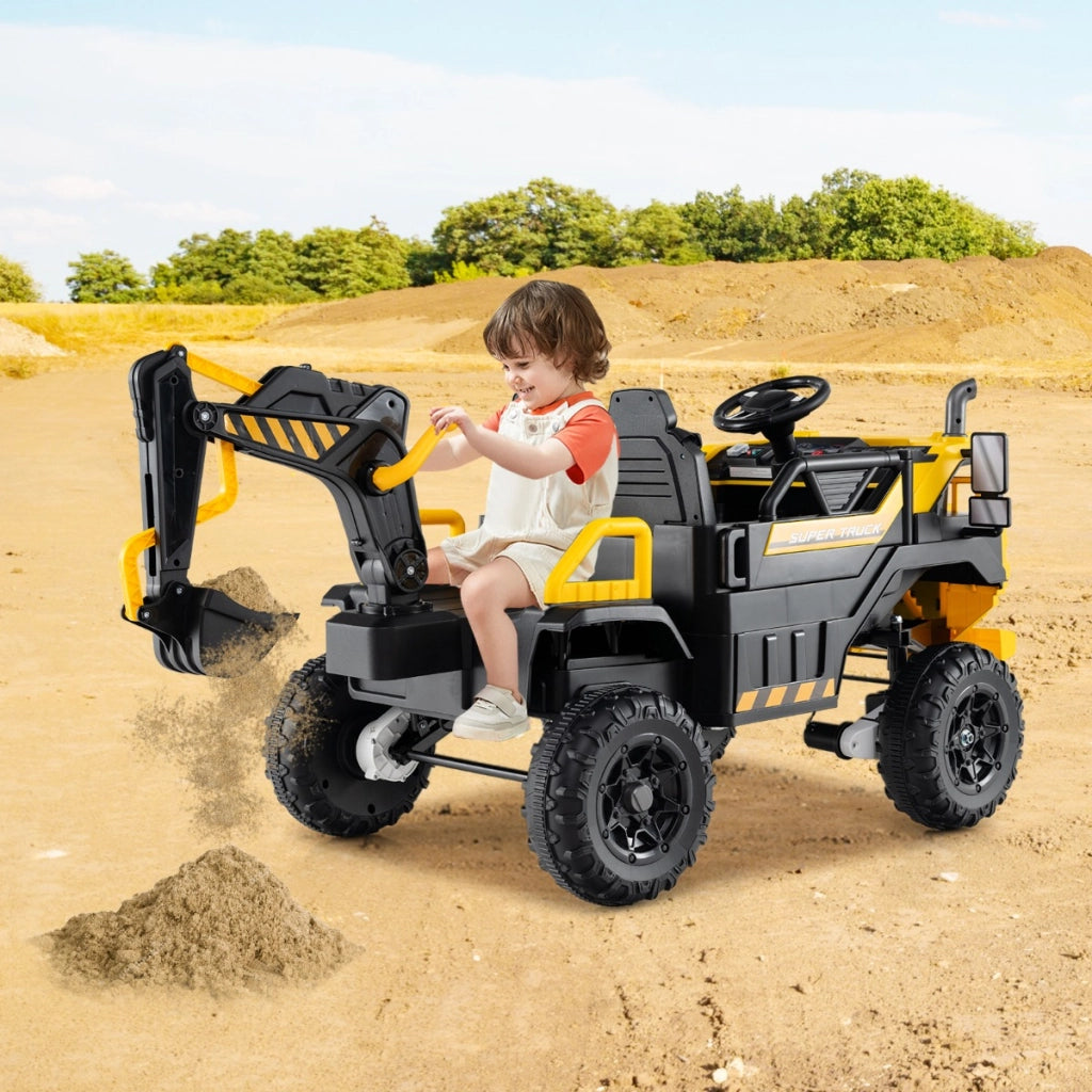 Escavatore ride-on elettrico 24v da costruzione 4wd con telecomando, Escavatore ride-on con musica e braccio Giallo-Macchinine giocattoli