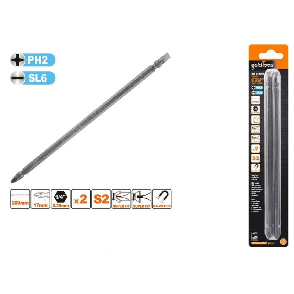 Trade Shop - Kit 2pz Di Bits Da 200mm Punte Doppie Inserti Ph2 + Sl6 Punta S2 Magnetica 57246 -