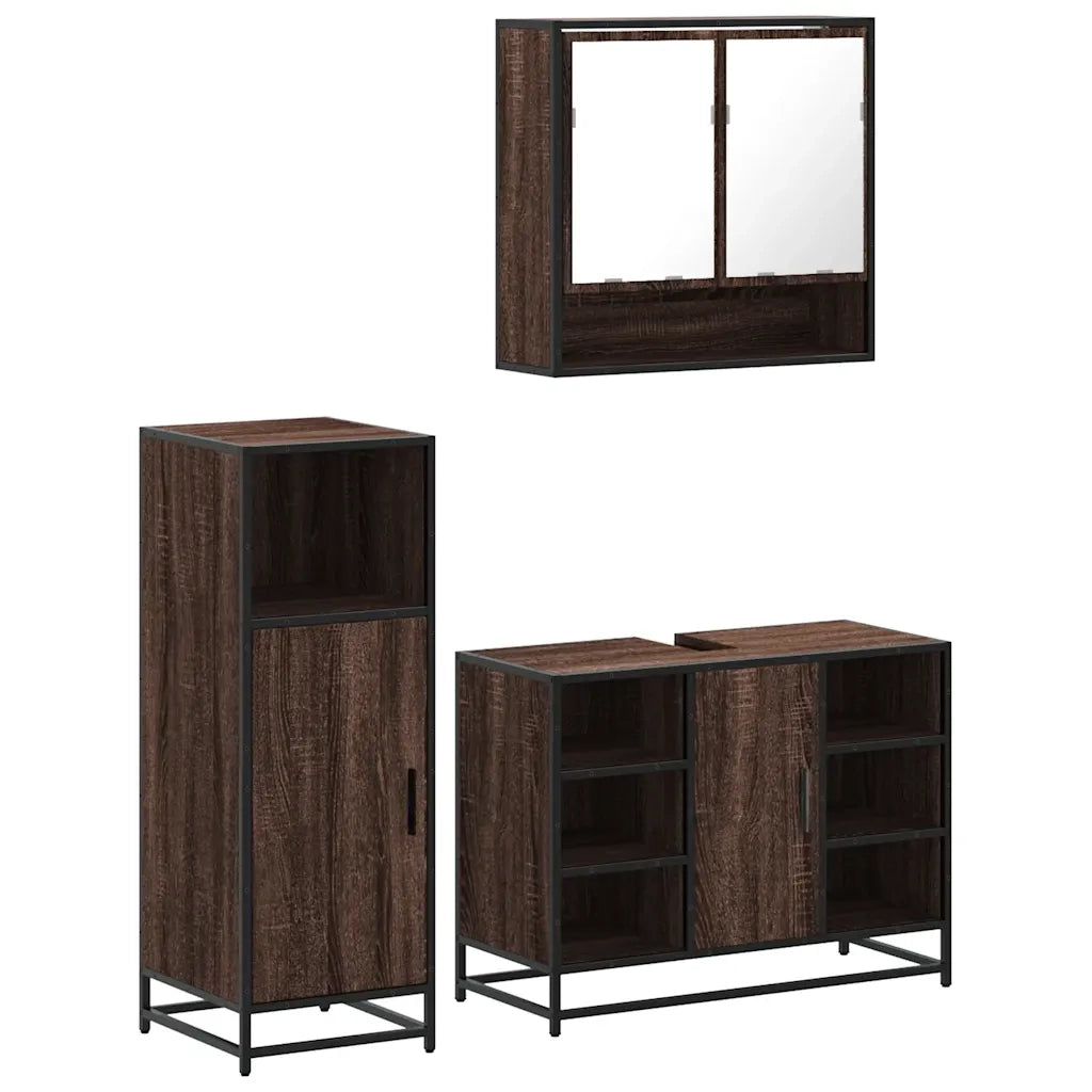 Set Mobili da Bagno 3 pz Rovere Marrone in Legno Multistrato