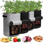 Sacchi per la coltivazione delle patate con coperchio – 10 galloni (4-pack) – Sacchi per piante con maniglie e finestra per la raccolta per patate, pomodori e ortaggi – Nero e grigio