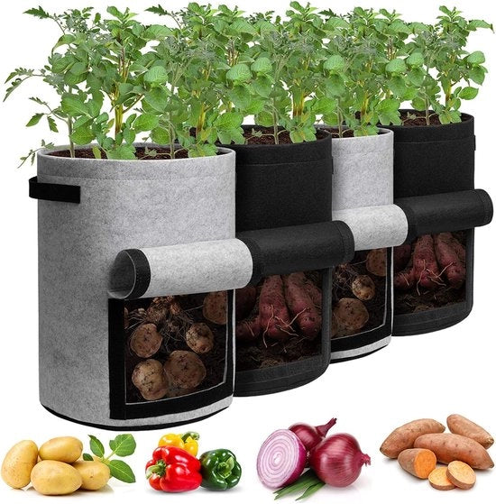 Sacchi per la coltivazione delle patate con coperchio – 10 galloni (4-pack) – Sacchi per piante con maniglie e finestra per la raccolta per patate, pomodori e ortaggi – Nero e grigio