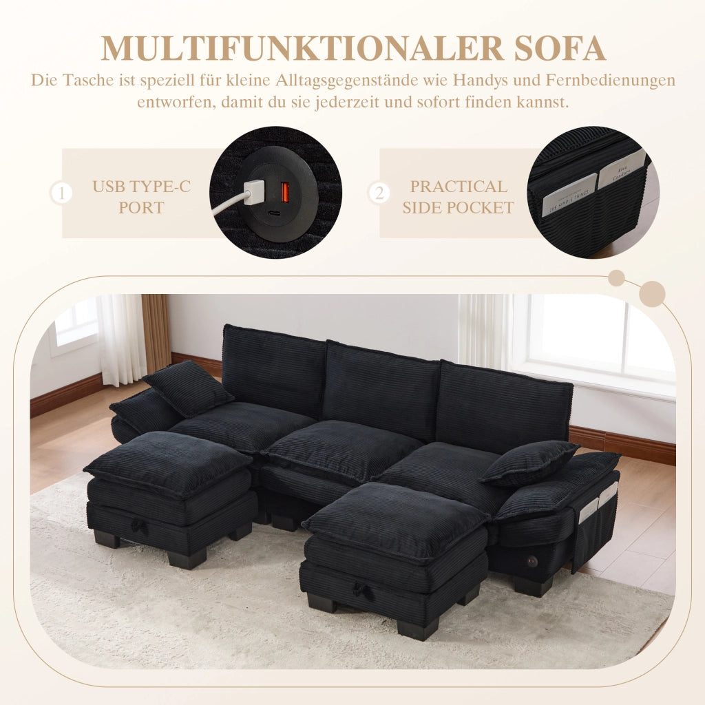 Divano modulare 3 posti con pouf, porta USB-C e tasche laterali, in velluto a coste nero 260 × 132 × 84 cm