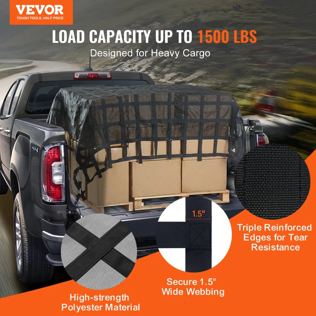 PLCN120 Rete di Carico per Camion e SUV 3020 x 2670 mm in Poliestere con 4 Cinghie Regolabili Ganci e Moschettoni Robusta