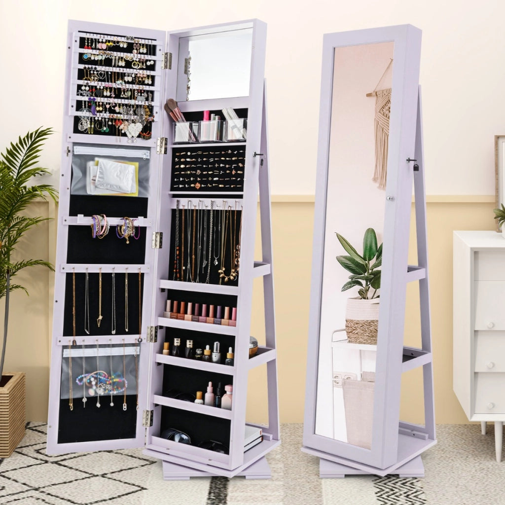Armadio portagioielli girevole a 360¡ã con specchio, Organizer gioielli 2 in 1 a figura intera Viola-Armadietti per gioielli