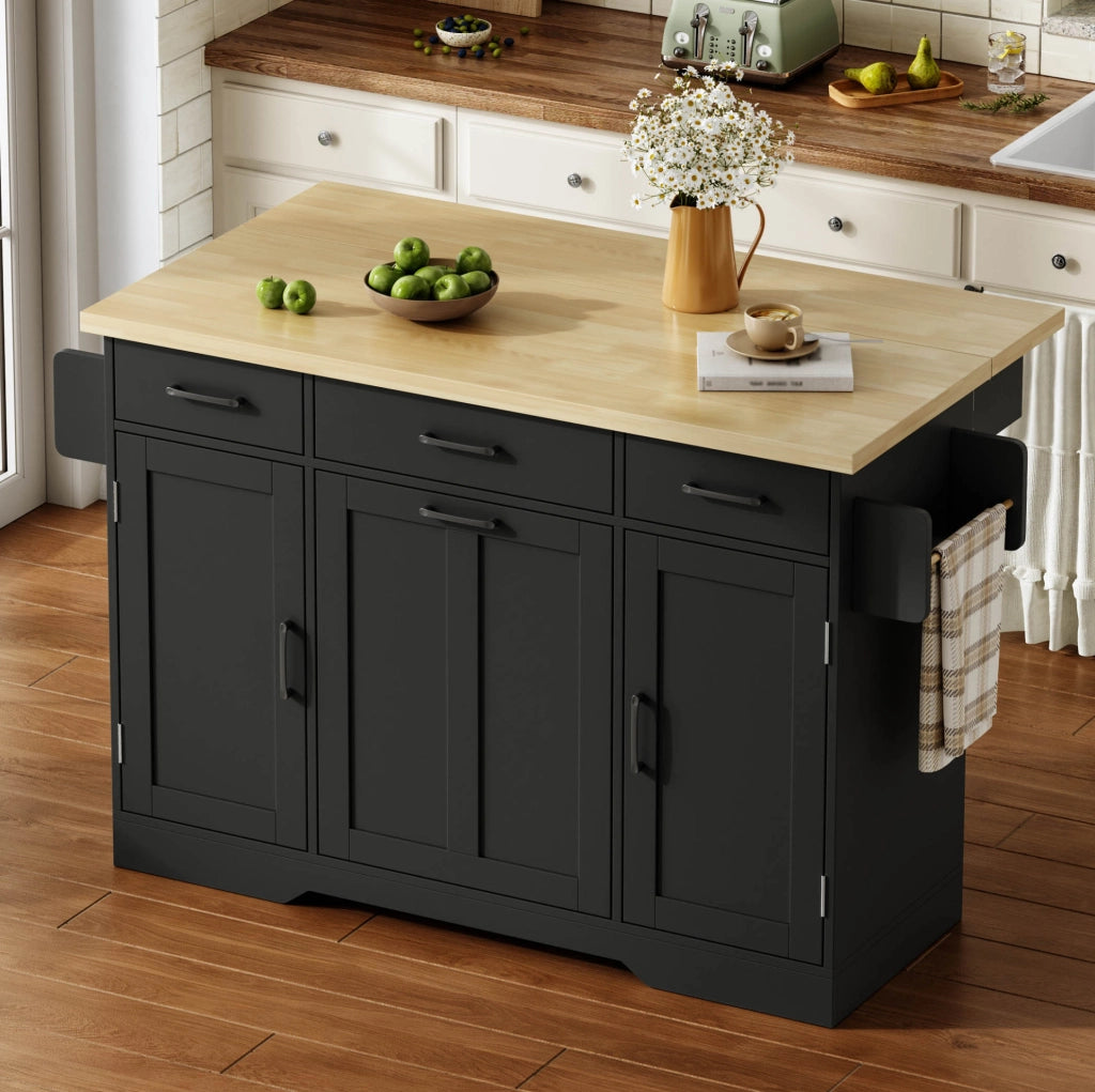 Isola cucina con piano ribaltabile 120x70x87 cm in MDF nero; carrello con ruote e porta spezie