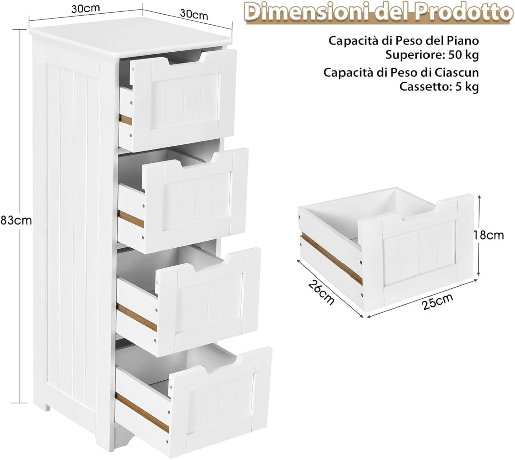 Mobile da Bagno con 4 Cassetti, Mobile Autoportante da Terra per Bagno, Mobiletto Multiuso da Soggiorno Cucina Camera da Letto Ufficio, Stile Moderno, Bianco, 30 x 30 x 83 cm