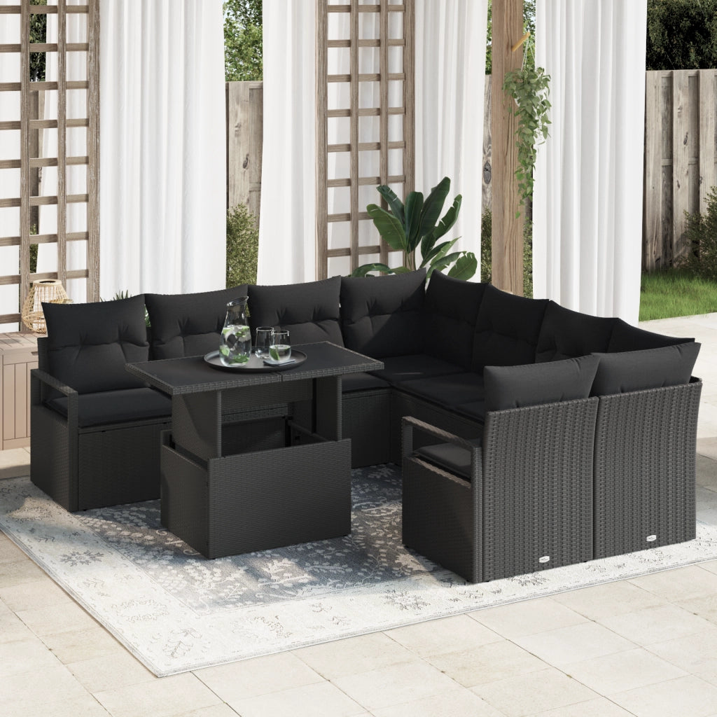 Set di Divani da Giardino 9 Pezzi con Cuscini Polyrattan Nero