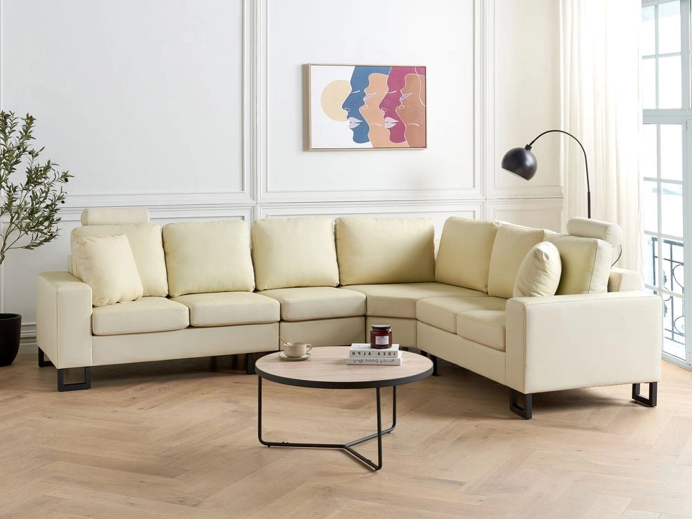 Divano ad angolo Rivestimento in pelle beige chiaro Orientamento a sinistra con poggiatesta regolabili