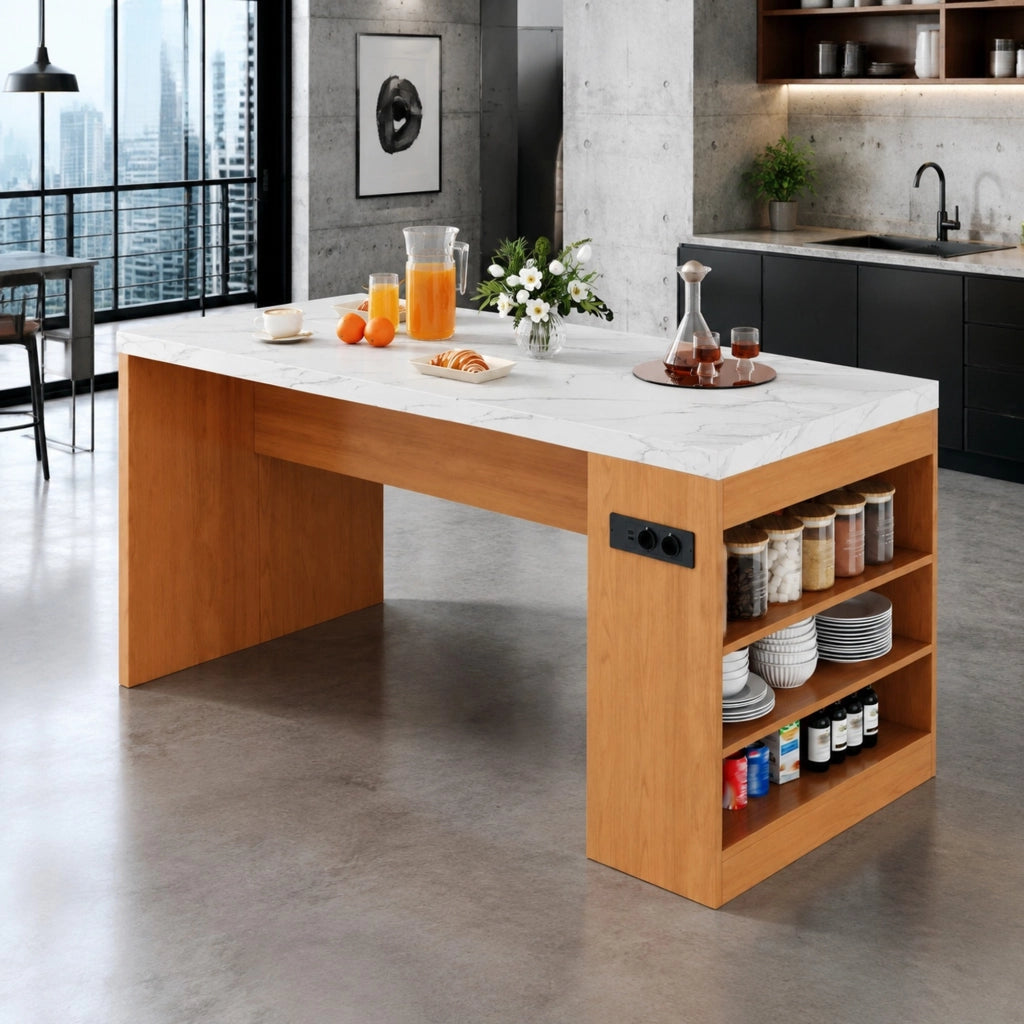Isola da cucina 155x80x90 cm con LED; prese AC e USB; piano in MDF naturale e bianco