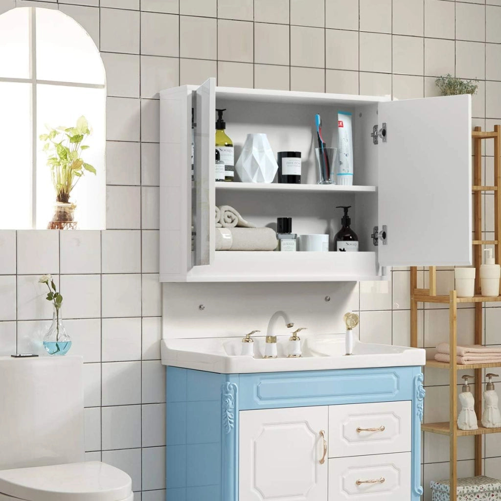 Armadietto Bagno a Parete con 2 Ante di Specchio, Mobiletto Specchio Bagno con 2 Ripiani di Stoccaggio, 65x11x62 cm, Bianco (56x14x45 cm)