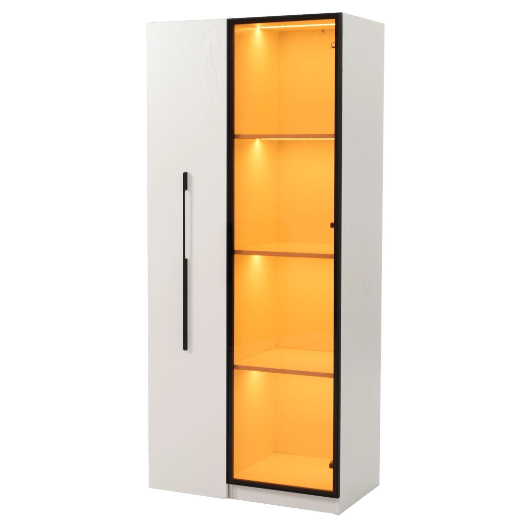 Vetrina con libreria estraibile 70x40x160 cm in MDF bianco con LED, vetro temperato, 1 anta e 2 colli