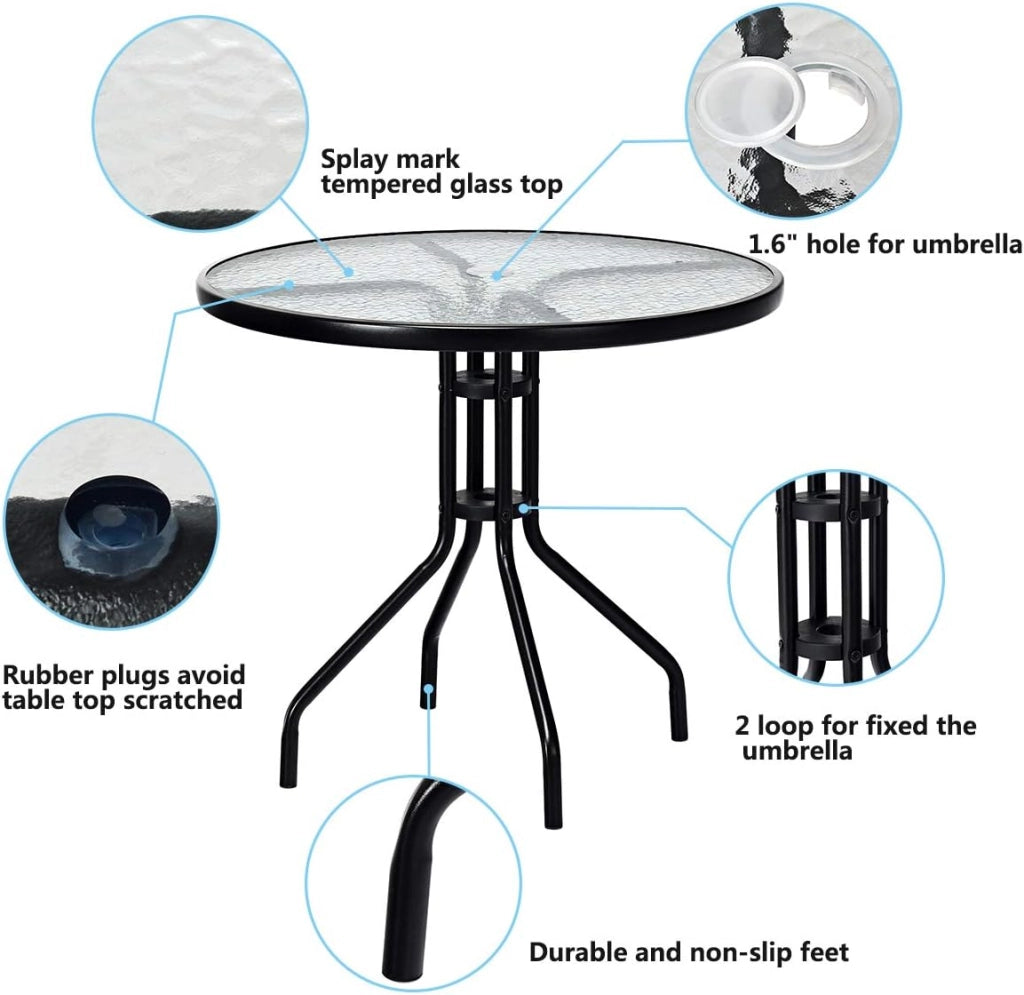 Tavolo da Giardino Rotondo con Foro per Ombrellone, Tavolo da Pranzo con Piano in Vetro e Telaio in Metallo, 70 x 70 x 71 cm, Tavolino da Esterno Classico per Cortile, Terrazza, Balcone
