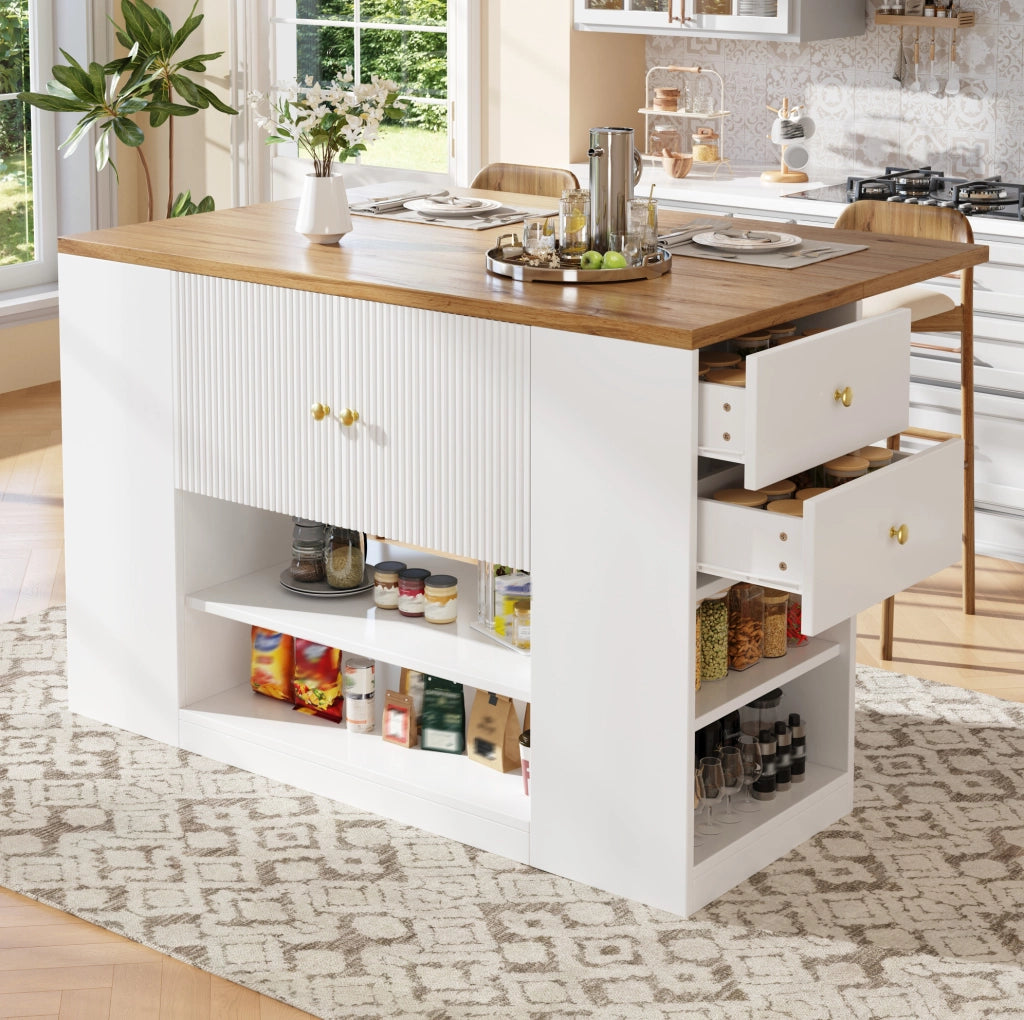 Isola cucina 140x70x90 cm con piano ribaltabile; ampio spazio contenitore in MDF e metallo; bianco