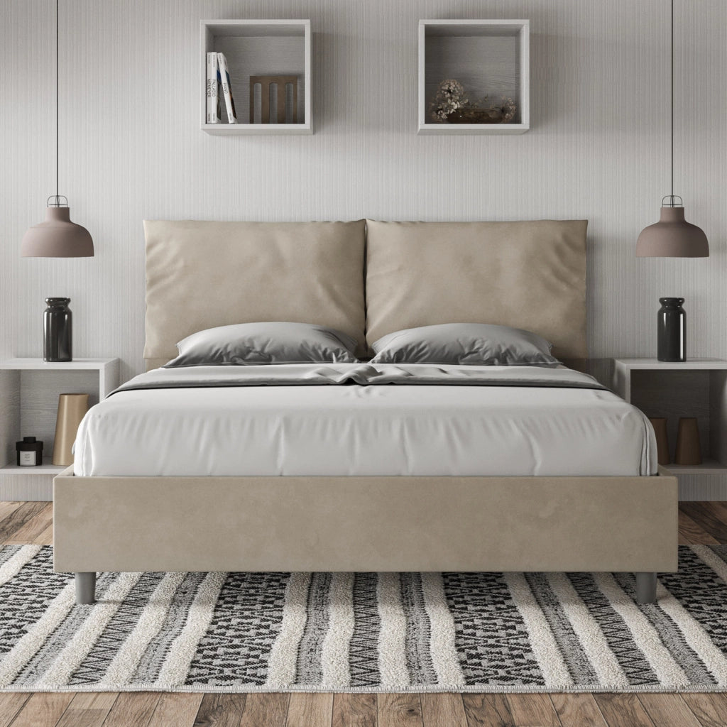 Letto Matrimoniale 160x210 cm con Rete e Contenitore Giroletto con Alzata Comoda Imbottito in Microfibra Antea Sabbia
