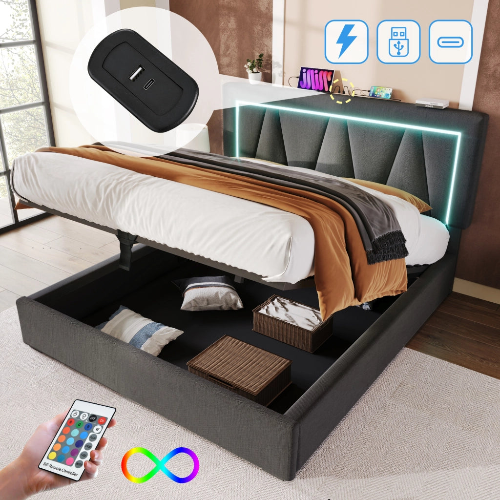 LETTO imbottito 140x200 cm in lino grigio con LED e USB Type-C