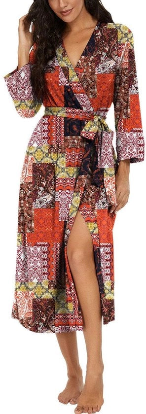 Kimono per donna, lunga, leggera, camicia da camera con collo V, kimono, a maglia, camicia casual (tessuto a blocchi multicolore, M)