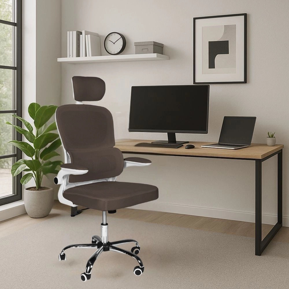 Sedia da ufficio ergonomica Vibes con struttura bianca e seduta in tessuto a rete tortora con base cromata