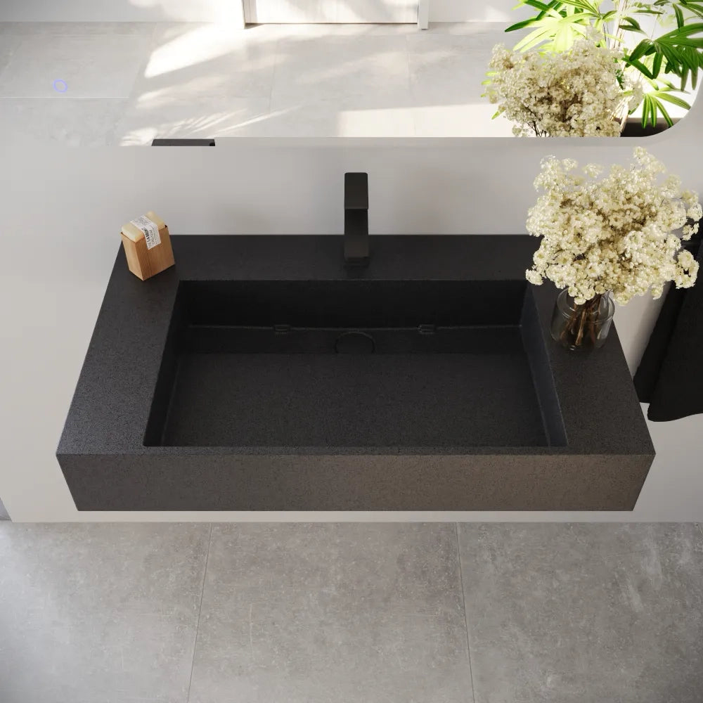 Lavabo sospeso a muro rettangolare 90x48x13 cm cm in microcemento nero | Tasman