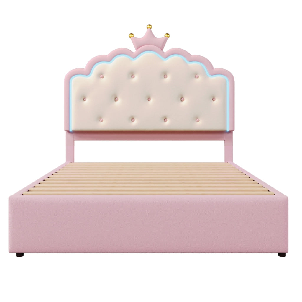 Letto 140x200 cm rosa – LED, letto estraibile e 2 cassetti, senza materasso