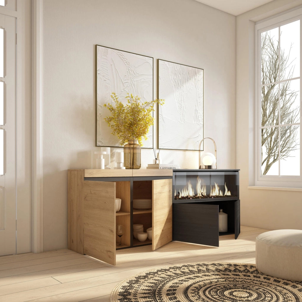 Credenza, Mobile, 208x35x75cm, 4 Porte, Camino elettrico XXL, colore Rovere e nero RF3221
