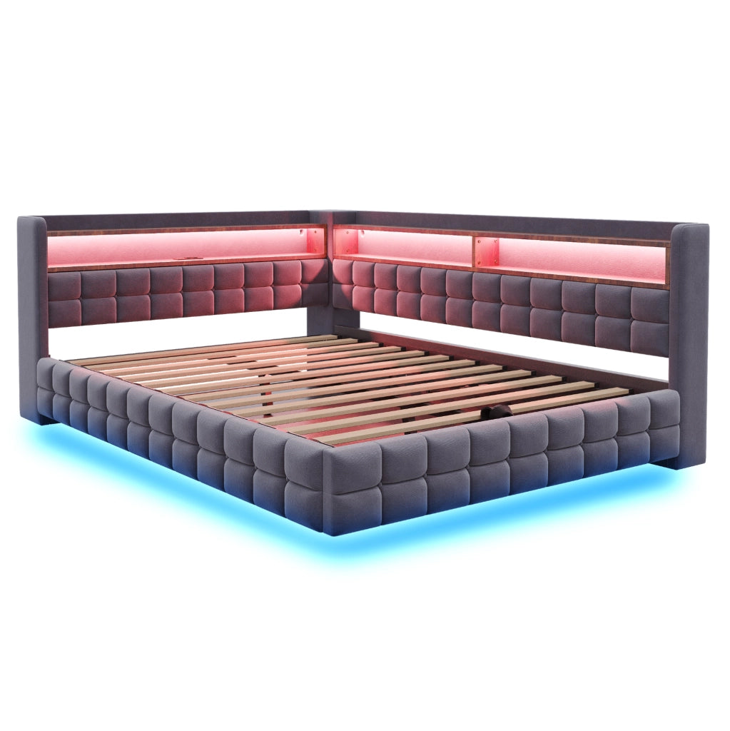 Divano letto imbottito con contenitore 140x200 cm; velluto grigio; LED; prese USB e Tipo C