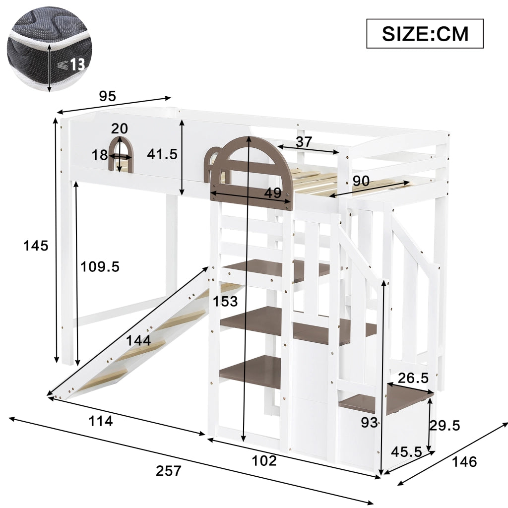 LETTO A CASTELLO CON FINESTRE E SCIVOLO 90 x 200 CM BIANCO