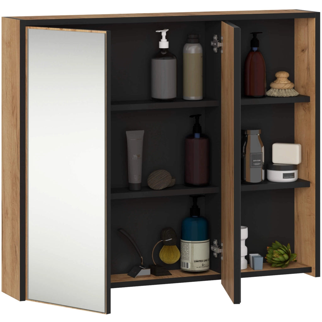 Pensile bagno con specchio VAMI Rovere Craft, Nero 90 cm 2 ante 90x15x75 cm