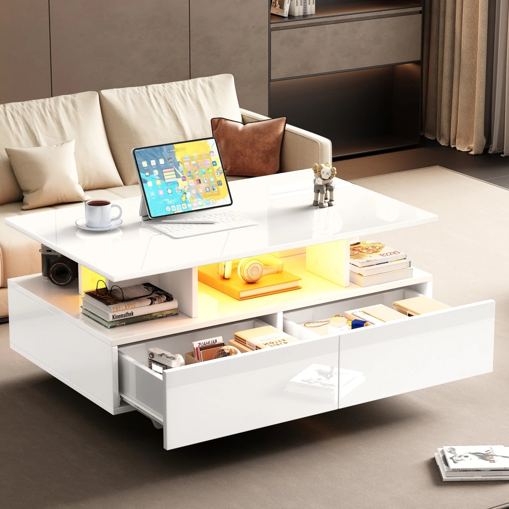 TAVOLINO DA CAFFÈ 90x55x41 cm Bianco lucido con LED e 2 cassetti