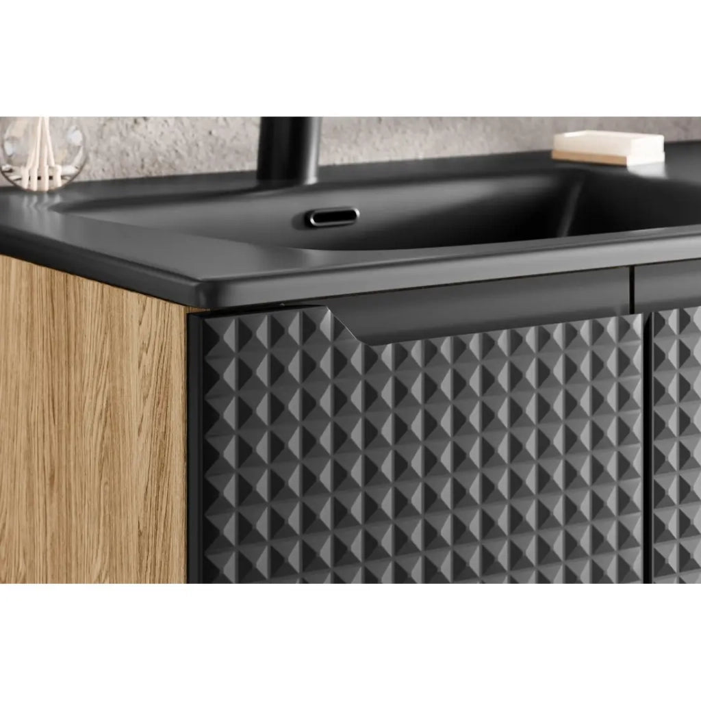 Mobile sottolavabo VELNIA – 2 cassetti – 60 cm – Colori rovere chiaro e nero – Da appendere
