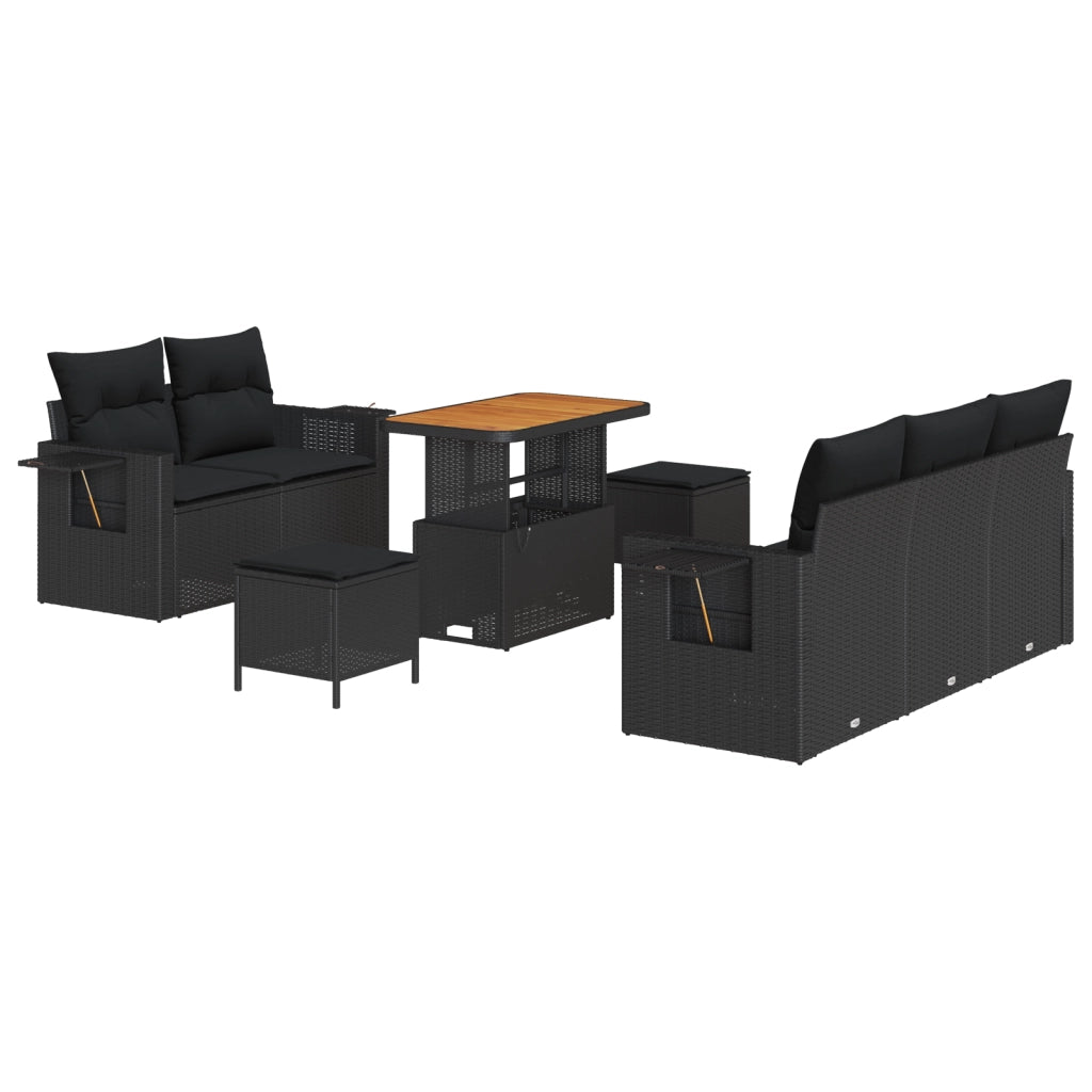 Set Divano da Giardino 8 Pezzi con Cuscini Rattan Nero Polietilene