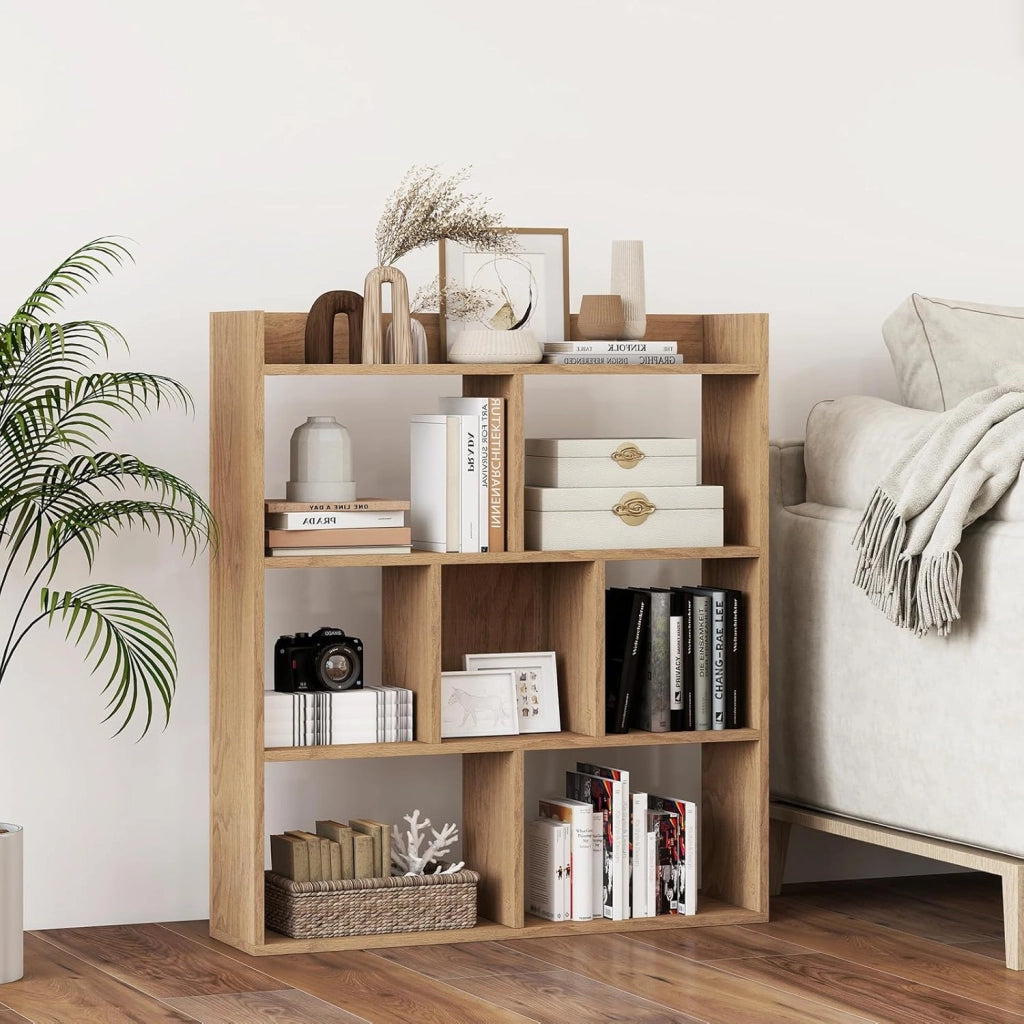 Libreria a Cubi con 7 Scomparti, Mensola Espositiva per l'Archiviazione, Libreria in Legno con Dispositivi Anti-Ribaltamento, per Studio Soggiorno, 80x20x90 cm (Naturale)