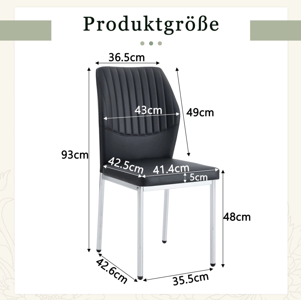 Set di 4 sedie da pranzo moderne in PU nero con gambe in metallo argento; altezza 93 cm