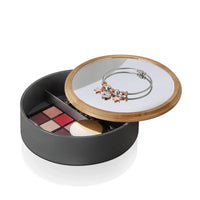 Porta trucchi da bagno tondo in plastica grigia e bambù completo di specchio