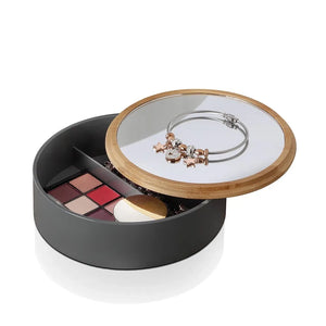 Porta trucchi da bagno tondo in plastica grigia e bambù completo di specchio