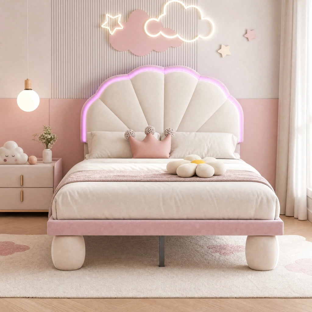 LETTO imbottito 90x200 cm in velluto Beige+Rosa con strisce LED multicolore