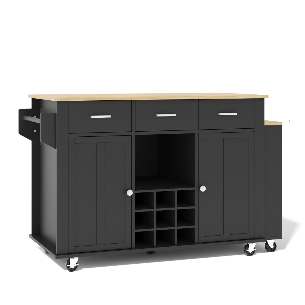 Isola cucina mobile con piano estraibile, 3 cassetti, portabottiglie, presa USB e 7 ruote, 136(223)x50x93 cm, nero/effetto naturale