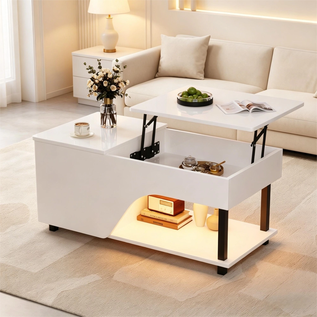 TAVOLO DA SALOTTO H 46-60 cm 50x100 cm Bianco con LED e contenitore