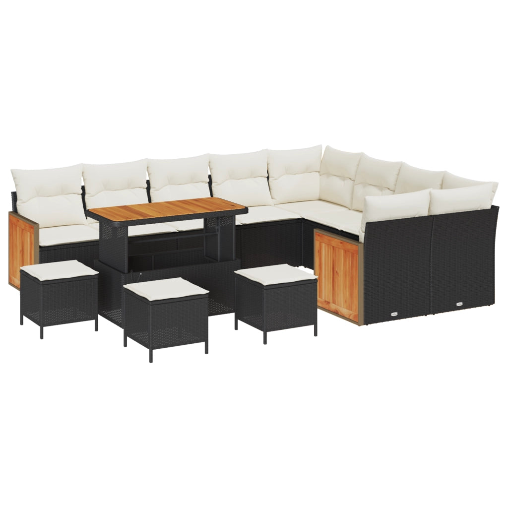 Set Divano da Giardino in 13 Pezzi con Cuscini Nero Rattan Polyrattan Acacia