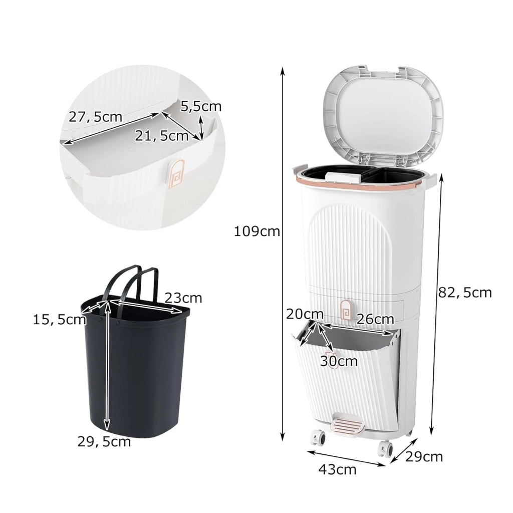 Pattumiera da cucina a 3 scomparti, 42 l, pattumiera con ruote, pattumiera a pedale con cassetto, pattumiera con coperchio, pedale e maniglia, sistema di raccolta differenziata della