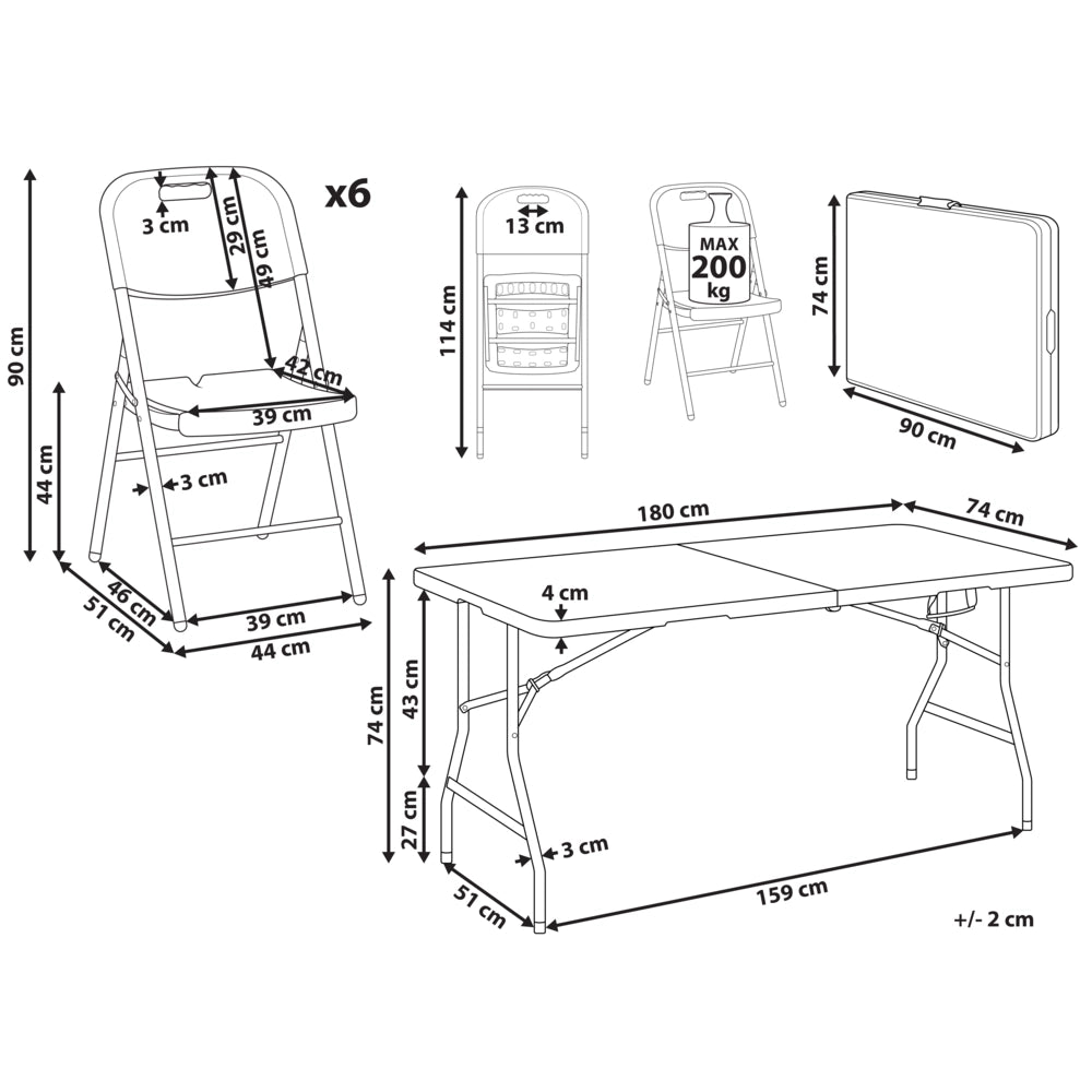 Set da pranzo da giardino a 6 posti Materiale sintetico bianco 180 x 74 Tavolo e 4 sedie pieghevoli con gambe in metallo