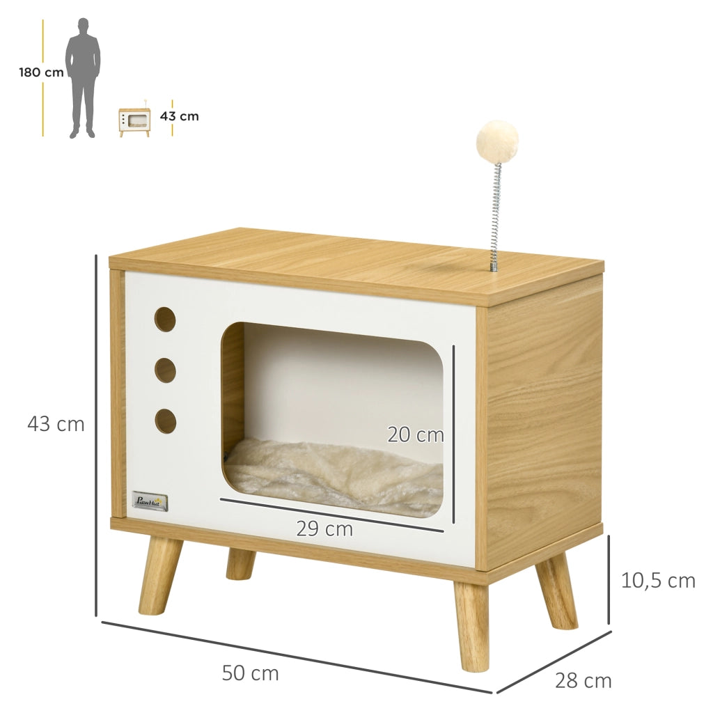 Cuccia per gatti a forma di televisore, con palla giocattolo e cuscino inclusi, cestino per gatti, rovere/beige/bianco, 50x28x43 cm
