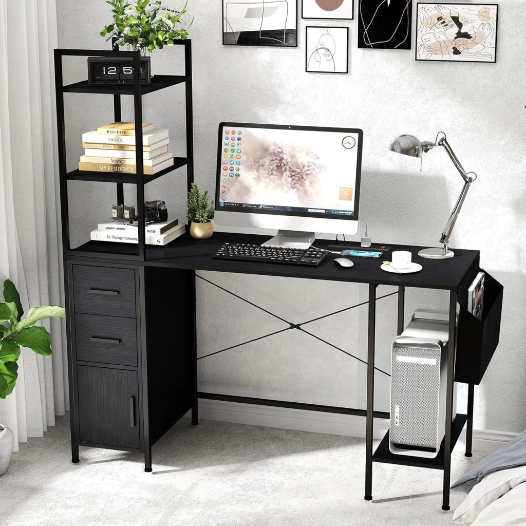 Scrivania con Libreria e Luci LED a Telecomando, Scrivania da Ufficio con Prese di Corrente, 2 Cassetti, 4 Ripiani e Anta, Scrivania per PC Salvaspazio con Tasca, 120 x 65 x 130 cm, Nero