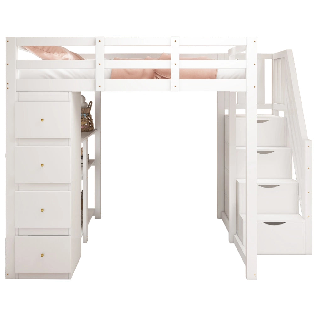 Letto a soppalco 140x200 cm bianco con scala e cassetti