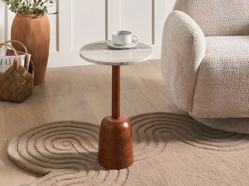 Tavolino con base in legno di mango marrone e piano in marmo Moderno Soggiorno Rotondo