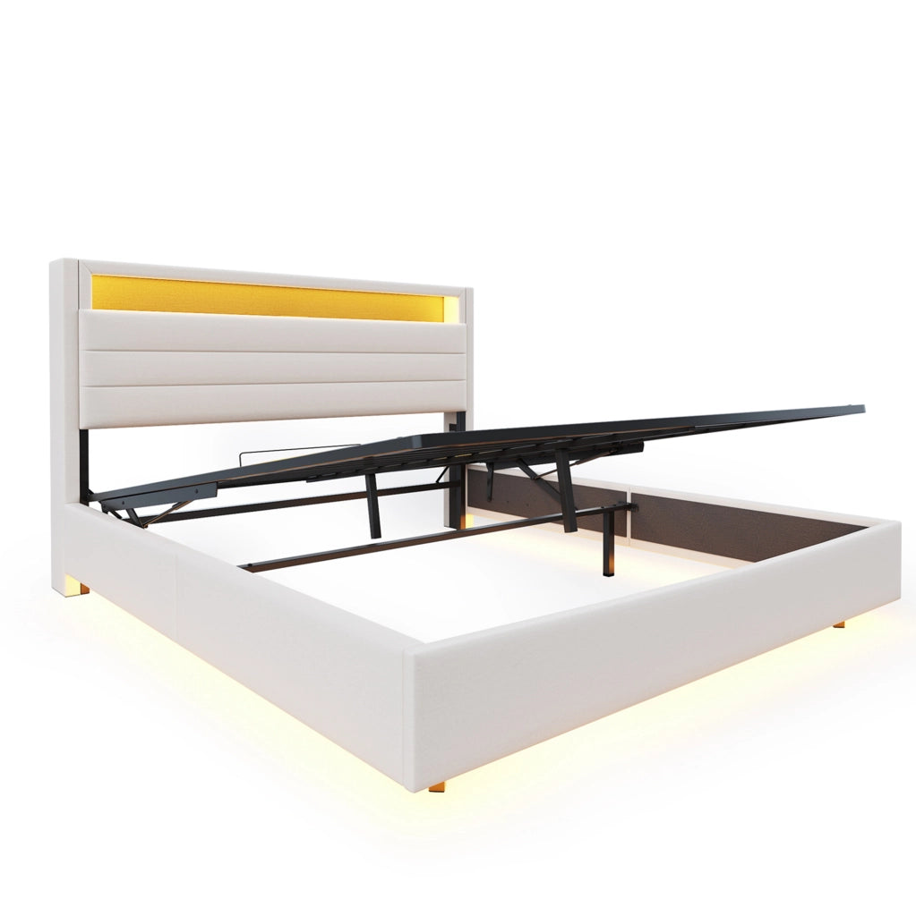 Letto imbottito 140x200 cm con contenitore idraulico; LED; USB e testiera reversibile beige