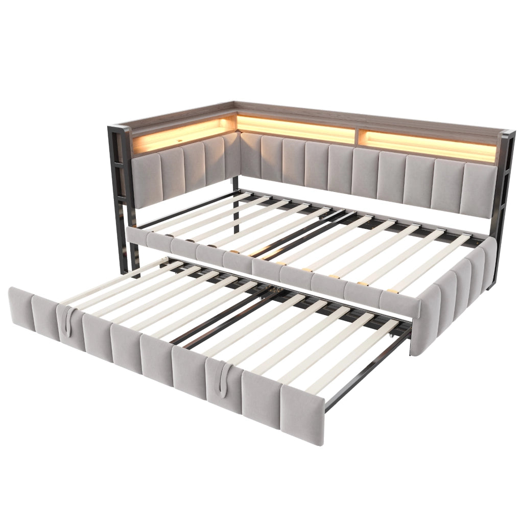 Divano letto estraibile ULEVR 90x200 cm con letto supplementare, LED, USB e Type-C, velluto grigio