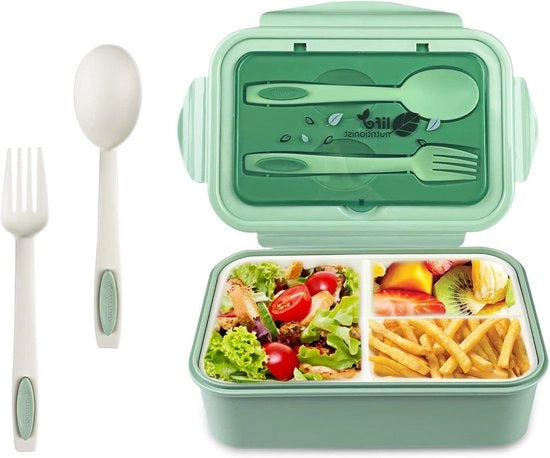 Lunchbox con 3 contenitori e cucchiaio forchetta 1400 ml - Bento lunchbox impermeabile - BPA-free - lunchbox microonde lavastoviglie - per adulti bambini scuola - verde - Sostenibile e pratica per il trasporto