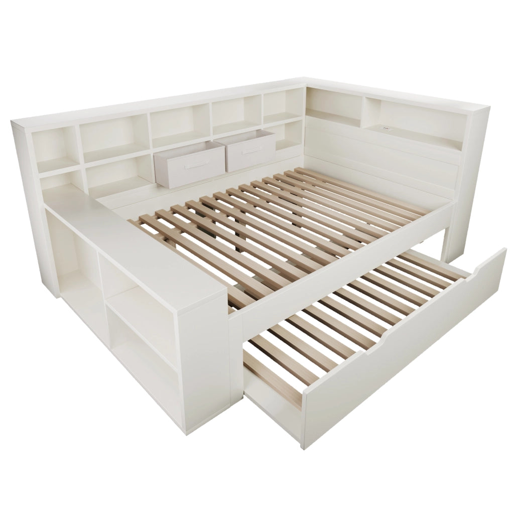 Letto Estraibile 140x200 cm e 90x190 cm - USB; Type-C e 8 Vani - in Legno - Bianco
