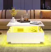 Tavolino da caffè bianco lucido con LED, 2 cassetti e vano trasparente 70×70×41 cm